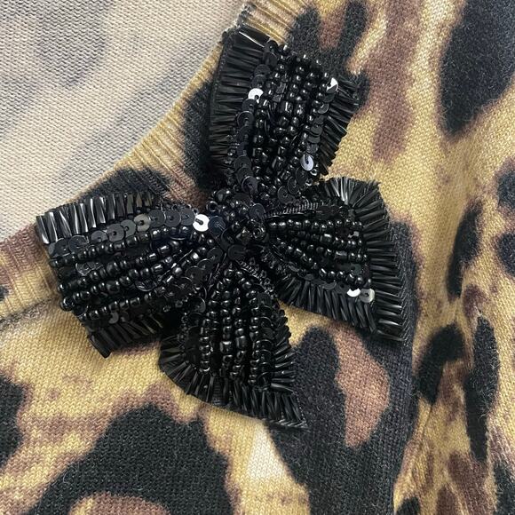 Karen Kane Cheetah Cardigan Sweater Sequin Bow Size Large Lightweight - Picture 2 of 4